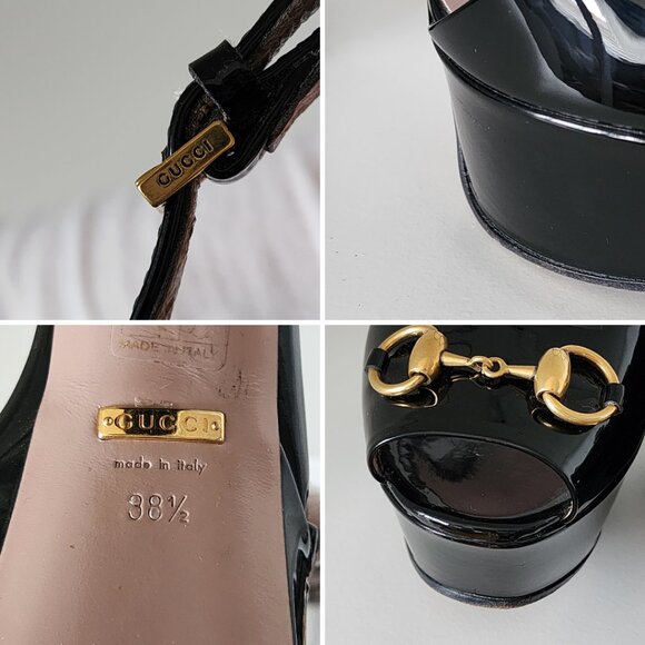 Gucci Claudie Black Patent Ankle Strap Platform Block Heels w Gold Horsebit - Picture 7 of 14